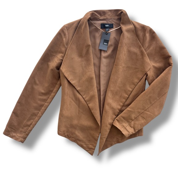 Mossimo Womens XS Tan Camel Faux Suede Open Front Draped Waterfall Blazer Jacket - Picture 1 of 14